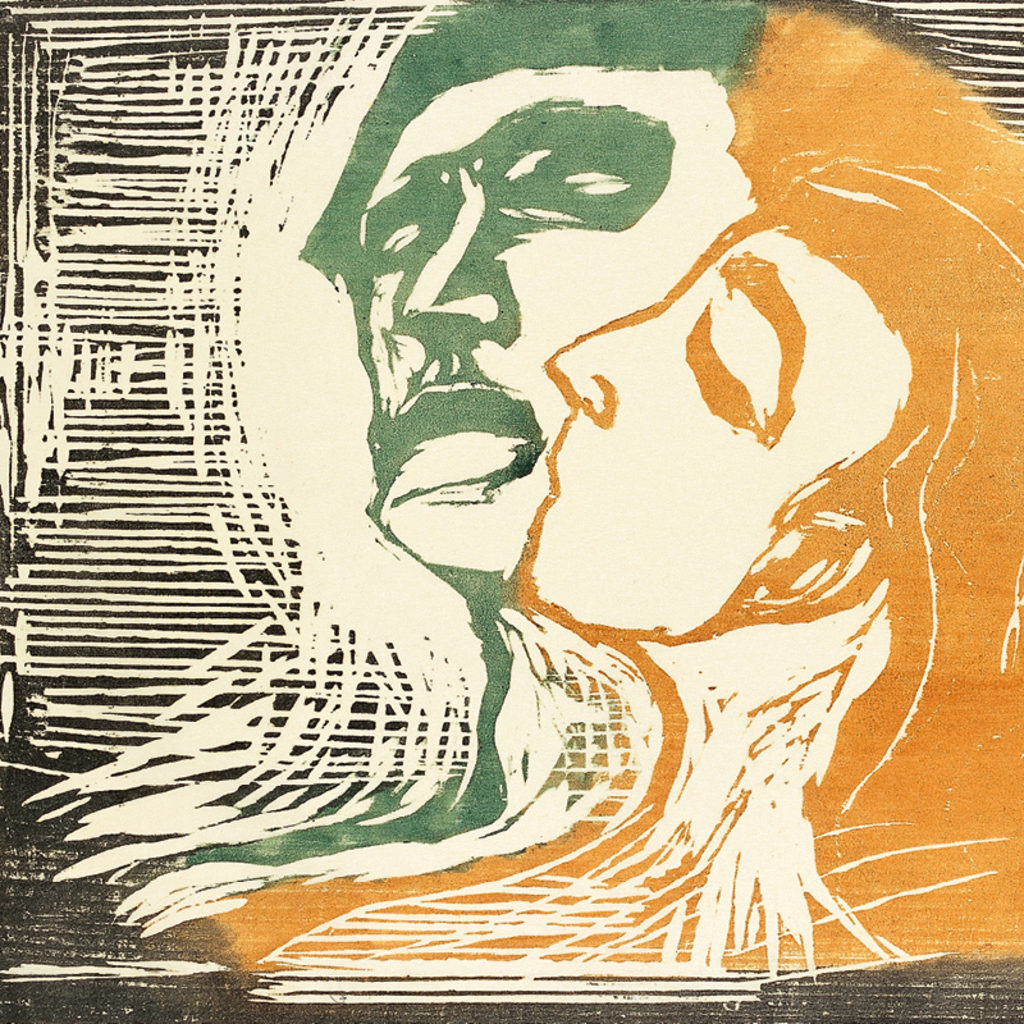Edvard Munch, Hoved ved hoved, 1905, farvetræsnit, bladmål 450 x 595 mm. Privateje (detalje)