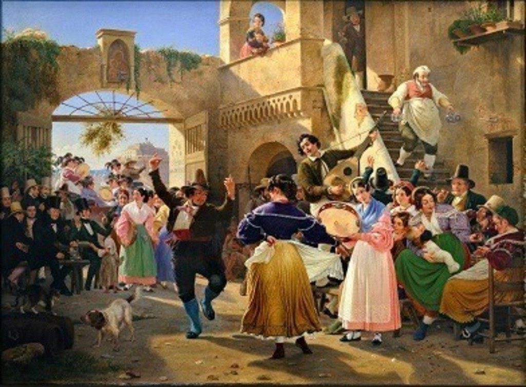 Wilhelm Marstrand, "Romerske borgere forsamlede til lystighed i et osteria", 1839. Nivaagaards Malerisamling