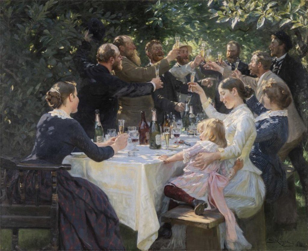 P.S. Krøyer, "Hip, Hip Hurrah!", 1887-1888. Dette kendte værk er ikke med i særudstillingen, men vi viser det her, da Viggo og Martha Johansen er med til festen - de ses til venstre. 