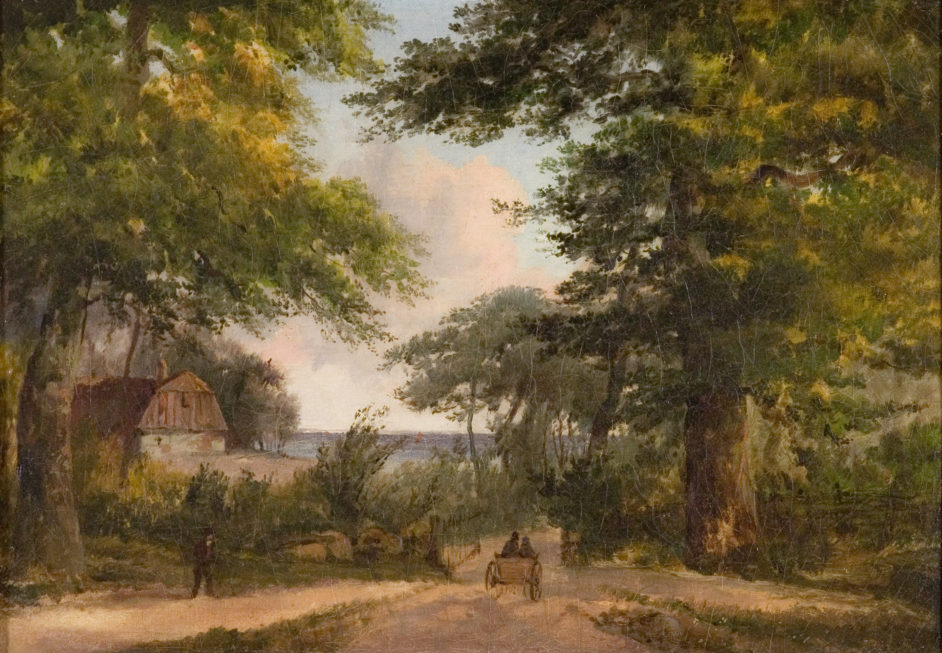 Road and Wagon between Tall Trees