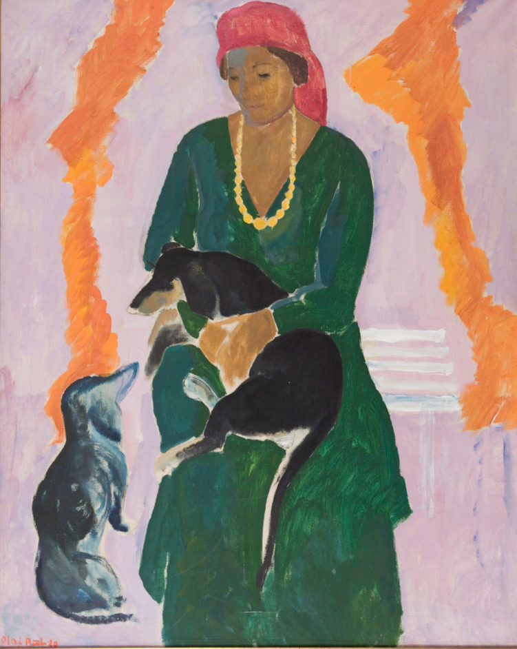 Green Woman with Two Black Dogs