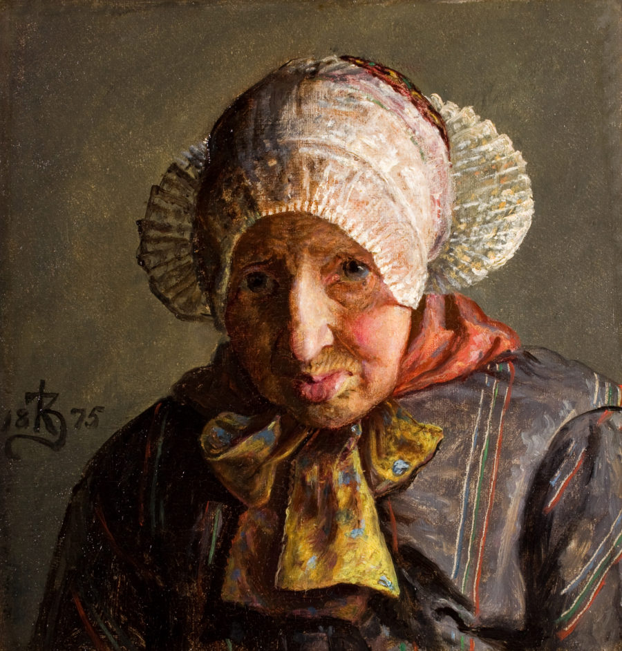 Brystbillede en face af en gammel kone fra Ribe med pibekappe