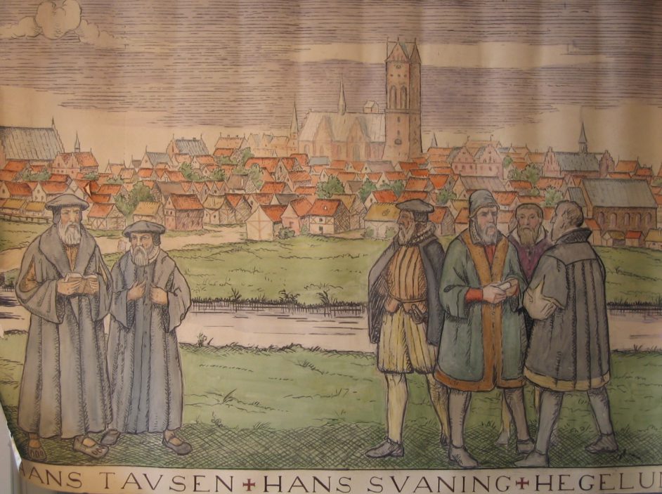 Skitse af Hans Tavsen, Peder Paladius, Hans Svanning, Hegelund, A.S. Vedel, Niels Kragh, A. Bording og Ole Borch. Forarbejde til frise i Ribestuen