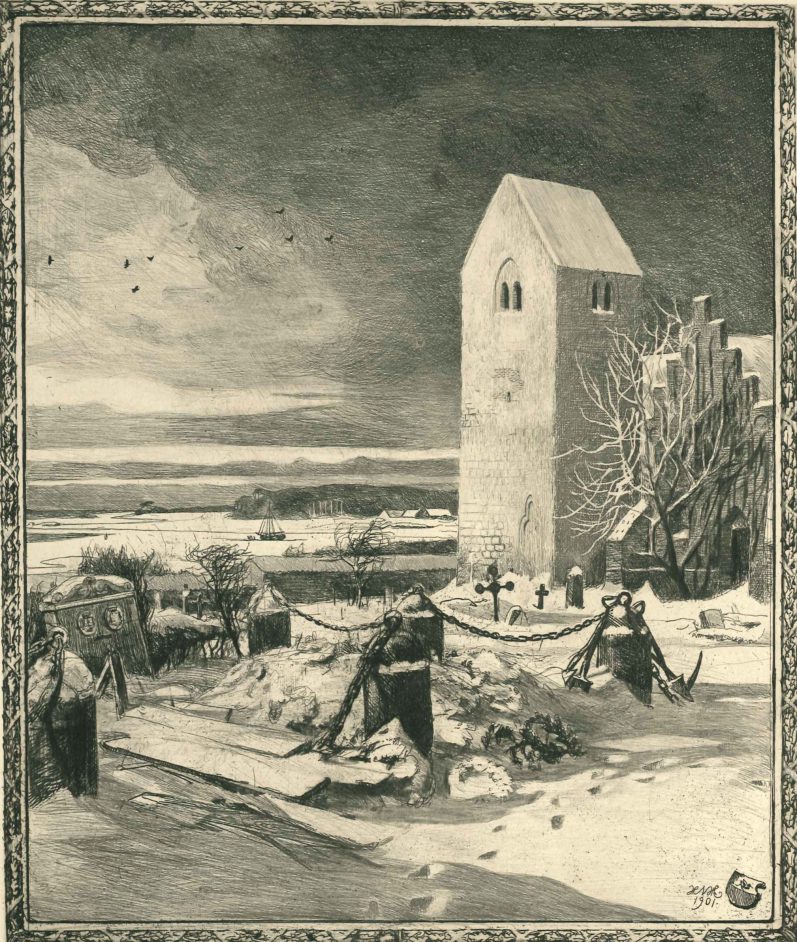 Lyset over kirken ved den islagte fjord