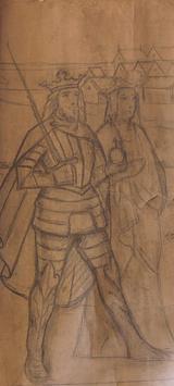 Sigurd Wandel. Skitse af Waldemar Sejr og Dronning Dagmar. Forarbejde til frise i Ribestuen | RKM