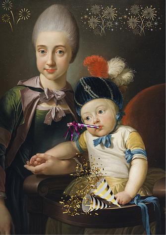 Jens Juel. Et barn med en ung pige, 1770.
Her i en festlig redigeret udgave i anledning af finnisagen.
