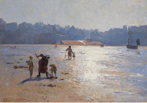 Muslingesamlere ved ebbe i Le Portel, Frankrig