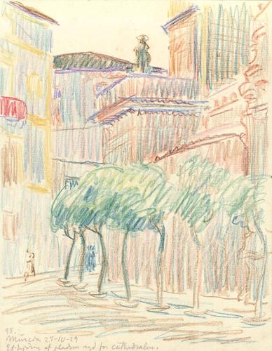 Murcia. Et hjørne af forpladsen syd for katedralen