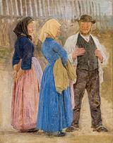 P.S. Krøyer. En fiskeeksportør og to fiskepiger, Hornbæk. 1875 | RKM