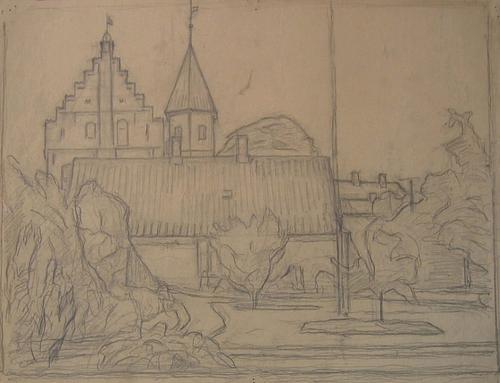 Bybillede med trappegavl og tårn