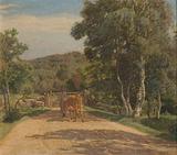 Julius Paulsen. Landskab med bondekone og ko ved led. 1900 | RKM