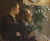 Viggo Johansen. Kunstnerens selvportræt med palet i hånden og hans hustru, Martha, ved sin side. 1898 | RKM