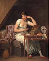 C.W. Eckersberg. “En falden piges historie, III af IV”. På et fattigt kvistkammer sminker pigen sig for at gå på maskebal.. 1808 | RKM